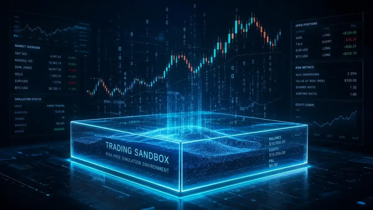 Glowing holographic sandbox with floating stock charts and binary code representing a risk-free paper trading simulation.