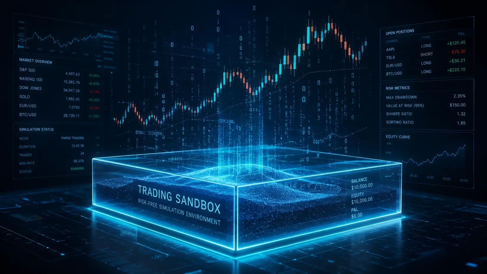 Glowing holographic sandbox with floating stock charts and binary code representing a risk-free paper trading simulation.