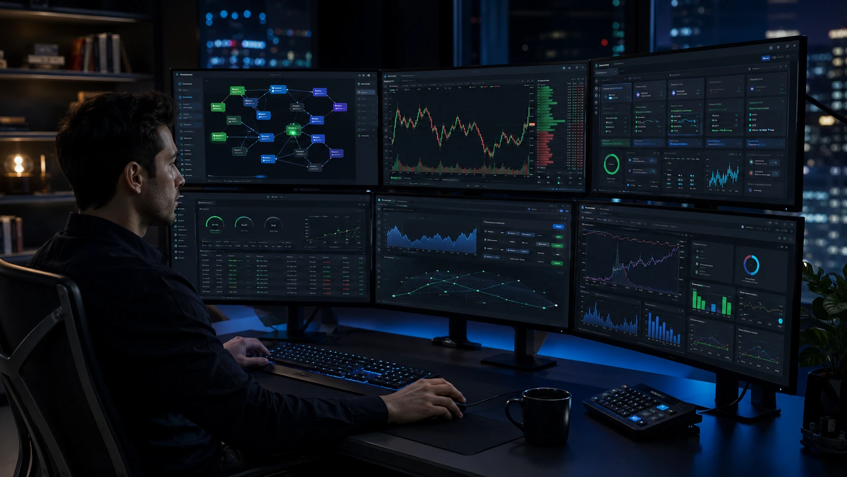 Trading automation software dashboard showing automated workflows, risk controls, backtesting, and performance analytics.