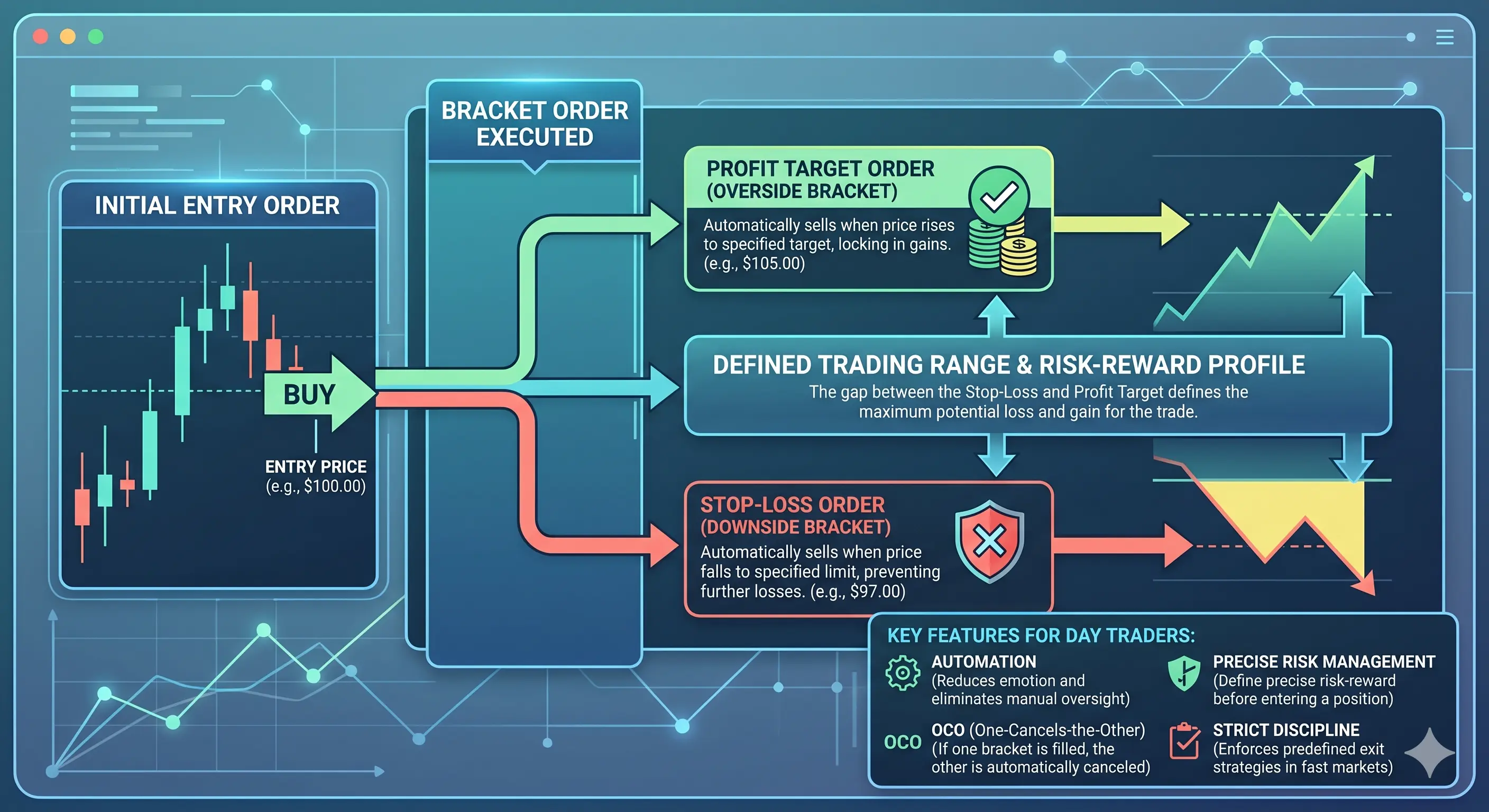 Diagram explaining how bracket orders work with a stop-loss order and profit target to define a trading range for day traders