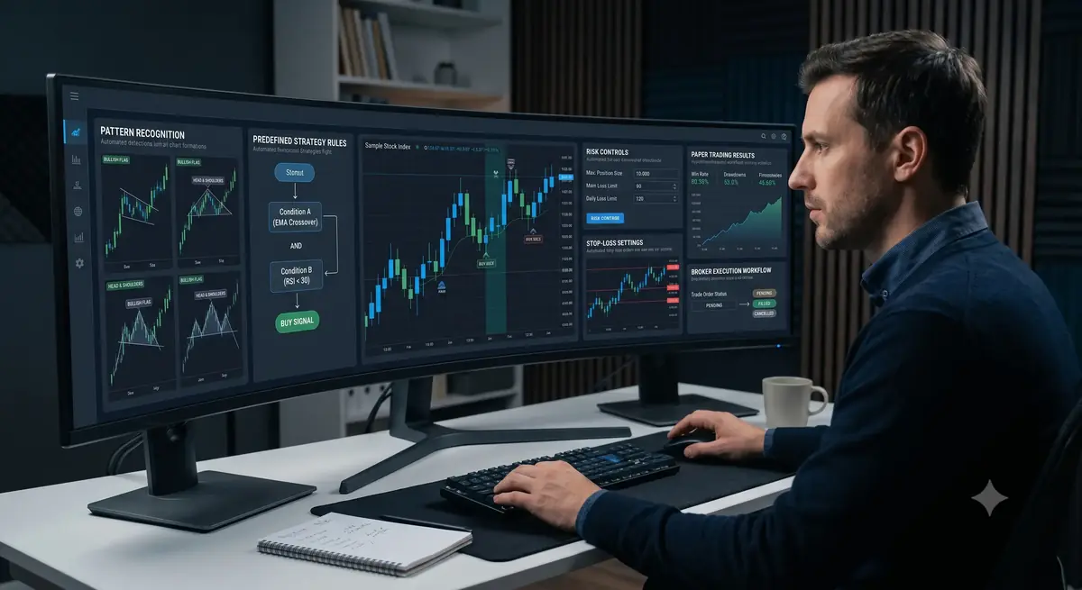 Retail trader supervising automated AI stock trading software with strategy rules, risk controls, and execution workflows.