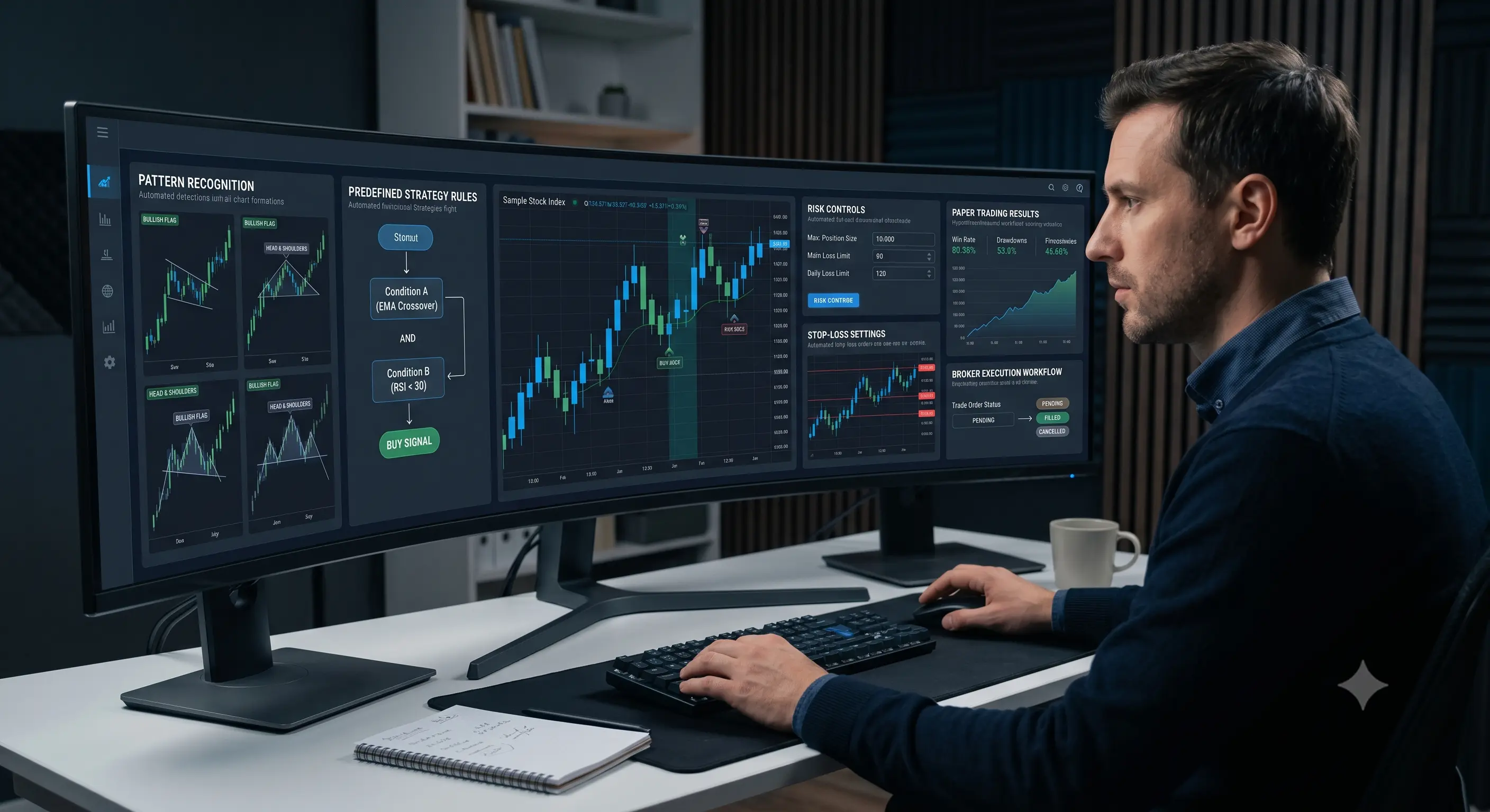 Retail trader supervising automated AI stock trading software with strategy rules, risk controls, and execution workflows.