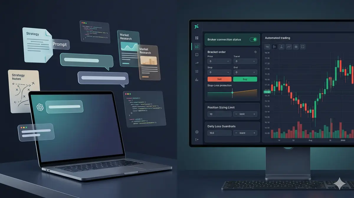 Comparison of ChatGPT strategy research and a broker-connected automated trading dashboard with risk controls and bracket orders.