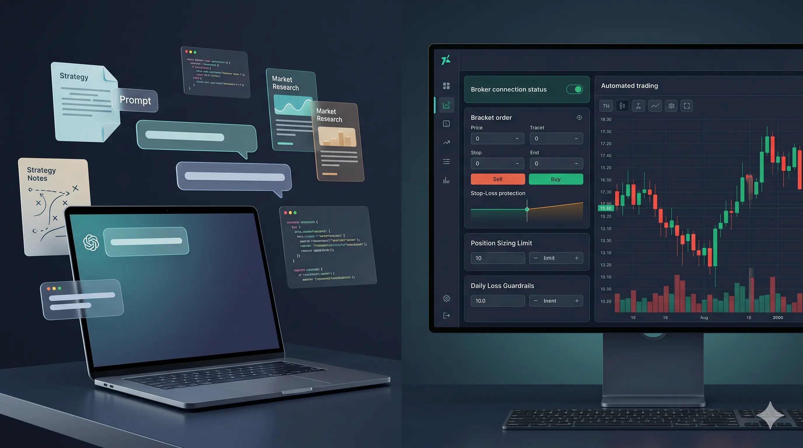 Comparison of ChatGPT strategy research and a broker-connected automated trading dashboard with risk controls and bracket orders.