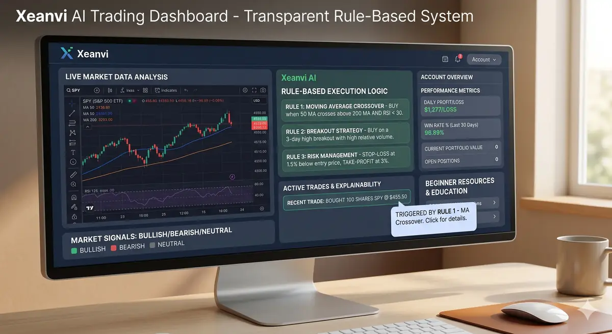 AI trading dashboard showing transparent rule-based trading system and market data analysis for beginner day traders