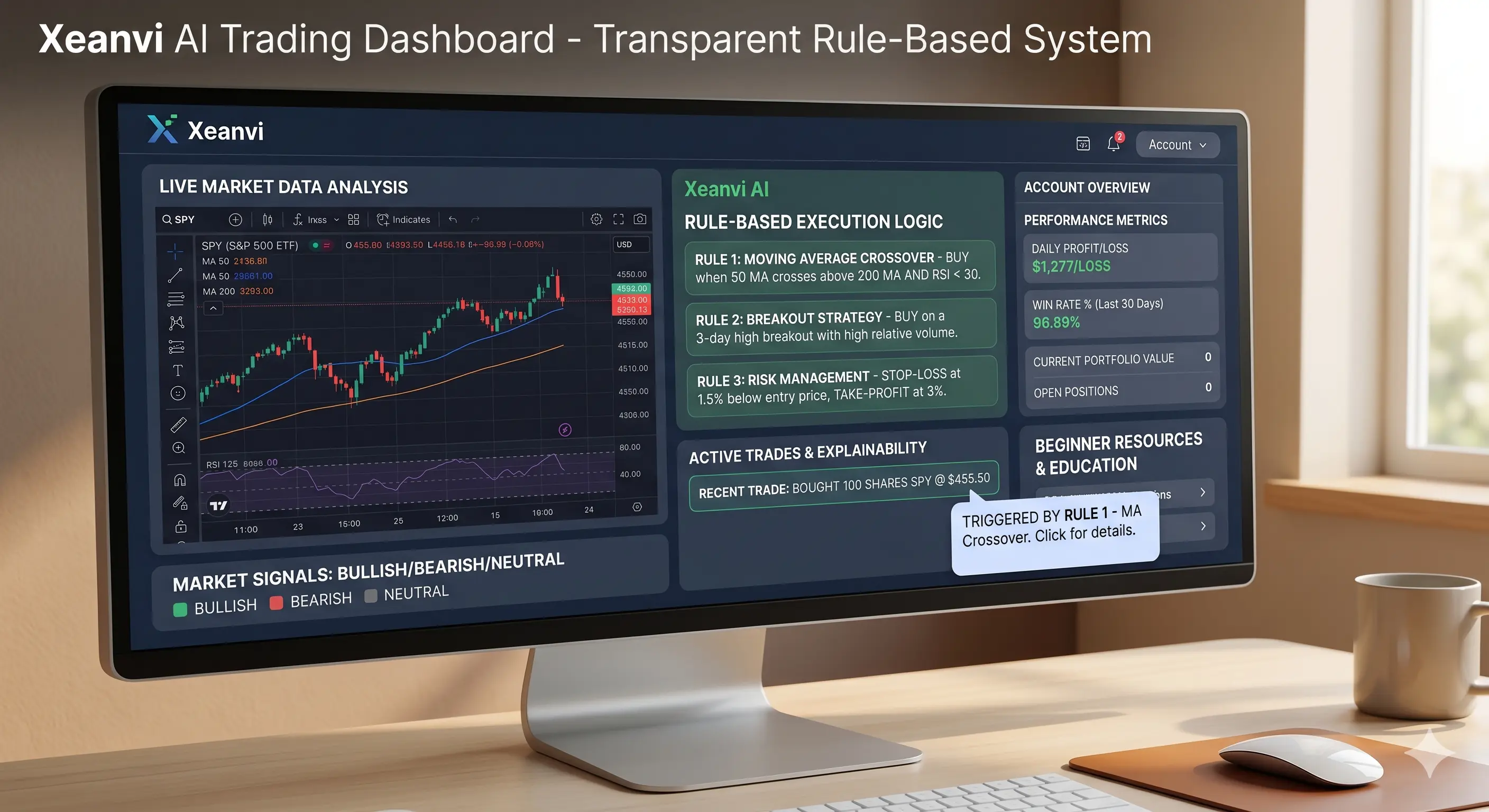 AI trading dashboard showing transparent rule-based trading system and market data analysis for beginner day traders