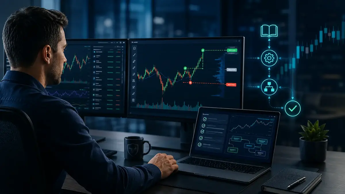 Trader monitoring automated trading charts, rule-based playbook signals, and bracket order execution on a professional trading workstation.