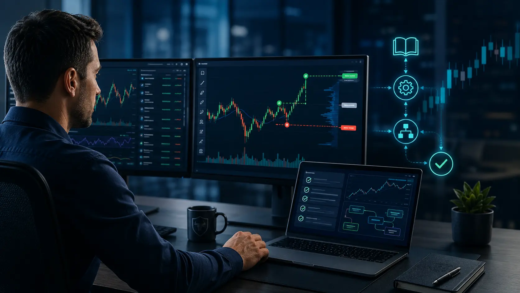 Trader monitoring automated trading charts, rule-based playbook signals, and bracket order execution on a professional trading workstation.