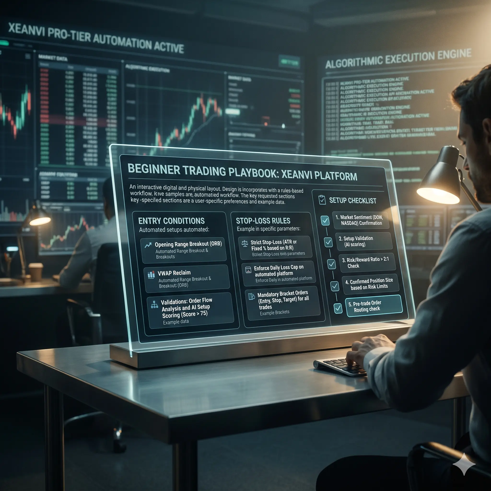 Beginner trading playbook format showing entry conditions, stop-loss rules, and setup checklist on the Xeanvi automated trading platform