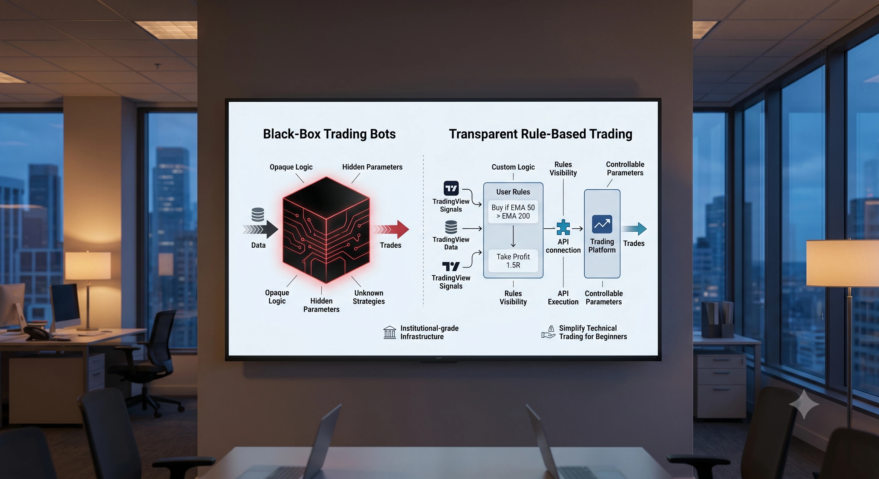 Diagram comparing black-box trading bots to transparent rule-based automated trading via API and TradingView signals