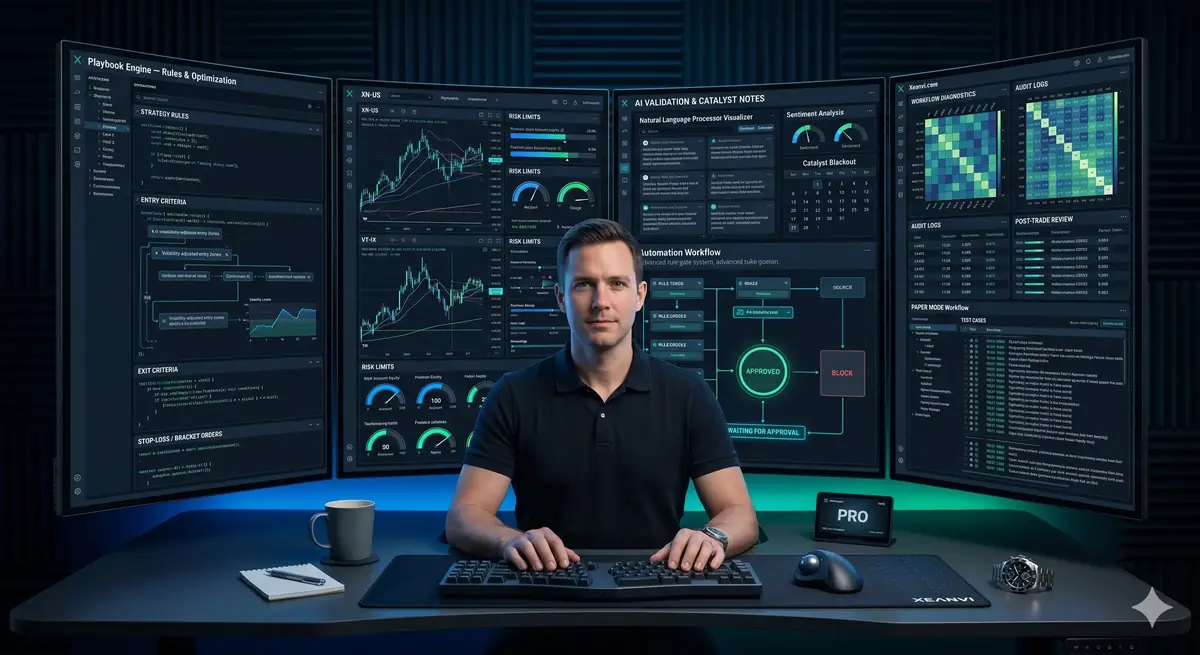 Trading playbook dashboard showing strategy rules, risk controls, entry criteria, exit criteria, and automation workflows.