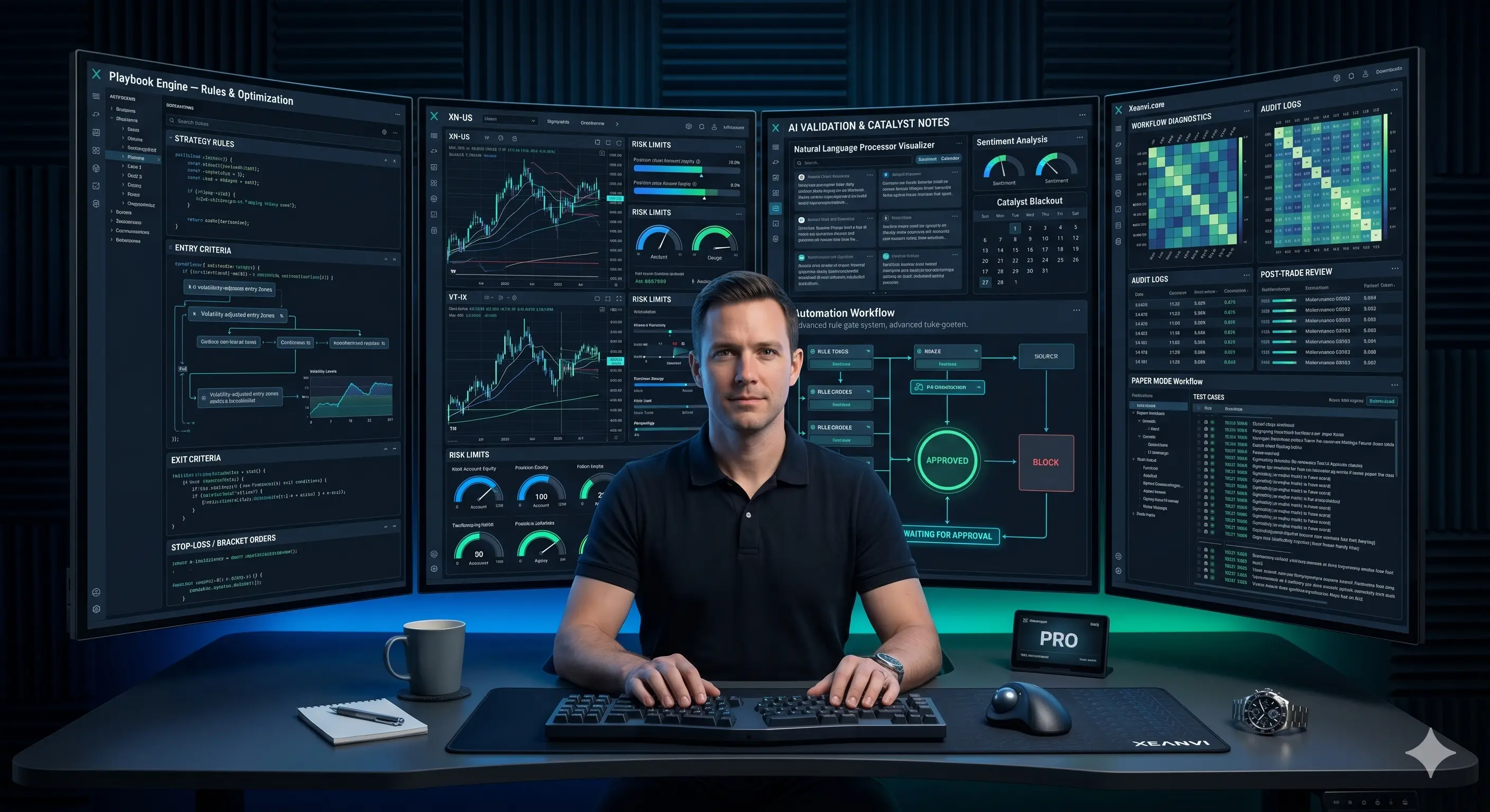 Trading playbook dashboard showing strategy rules, risk controls, entry criteria, exit criteria, and automation workflows.