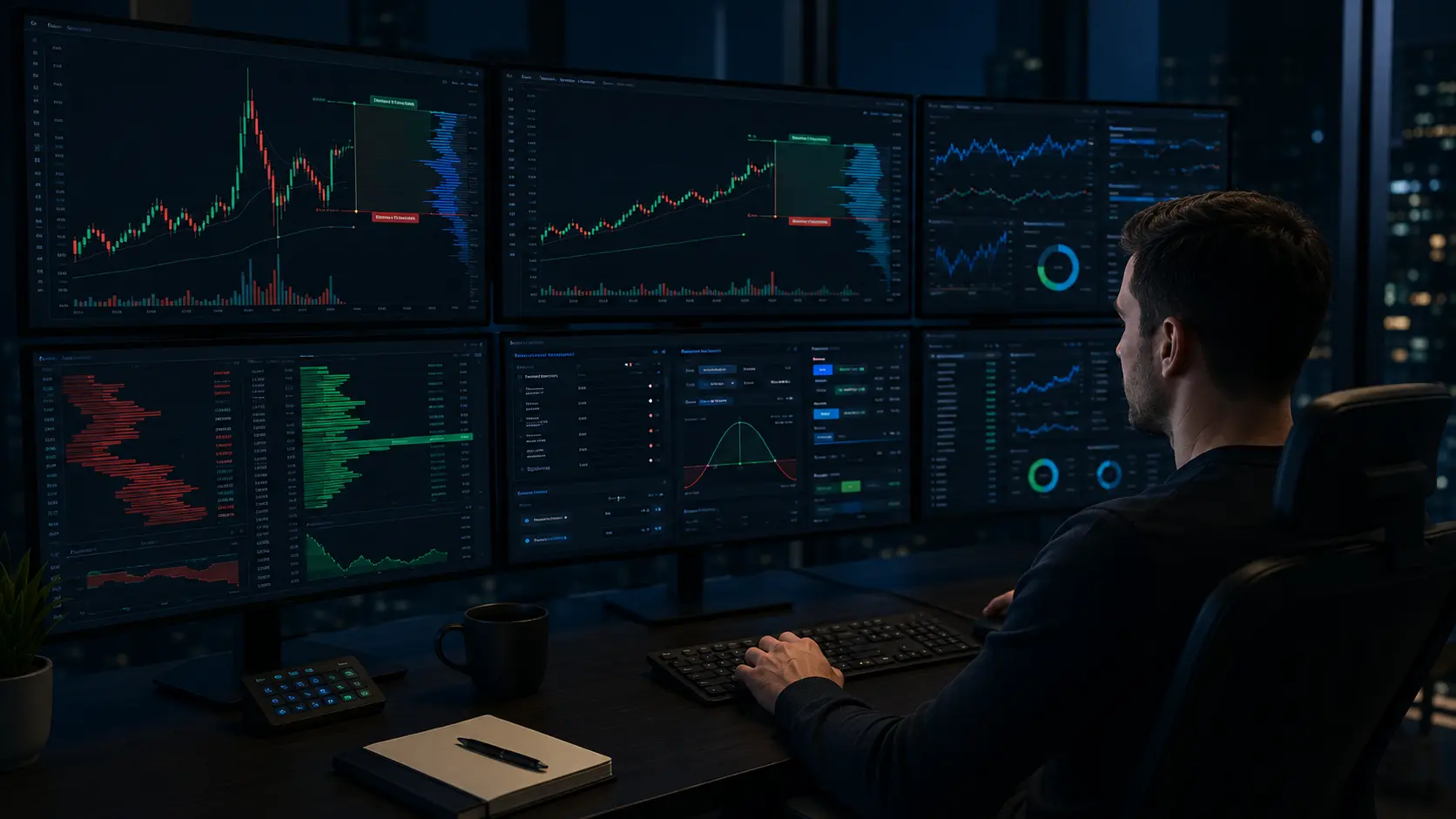 Day trader analyzing share float, volume, volatility, and risk controls on a trading dashboard.