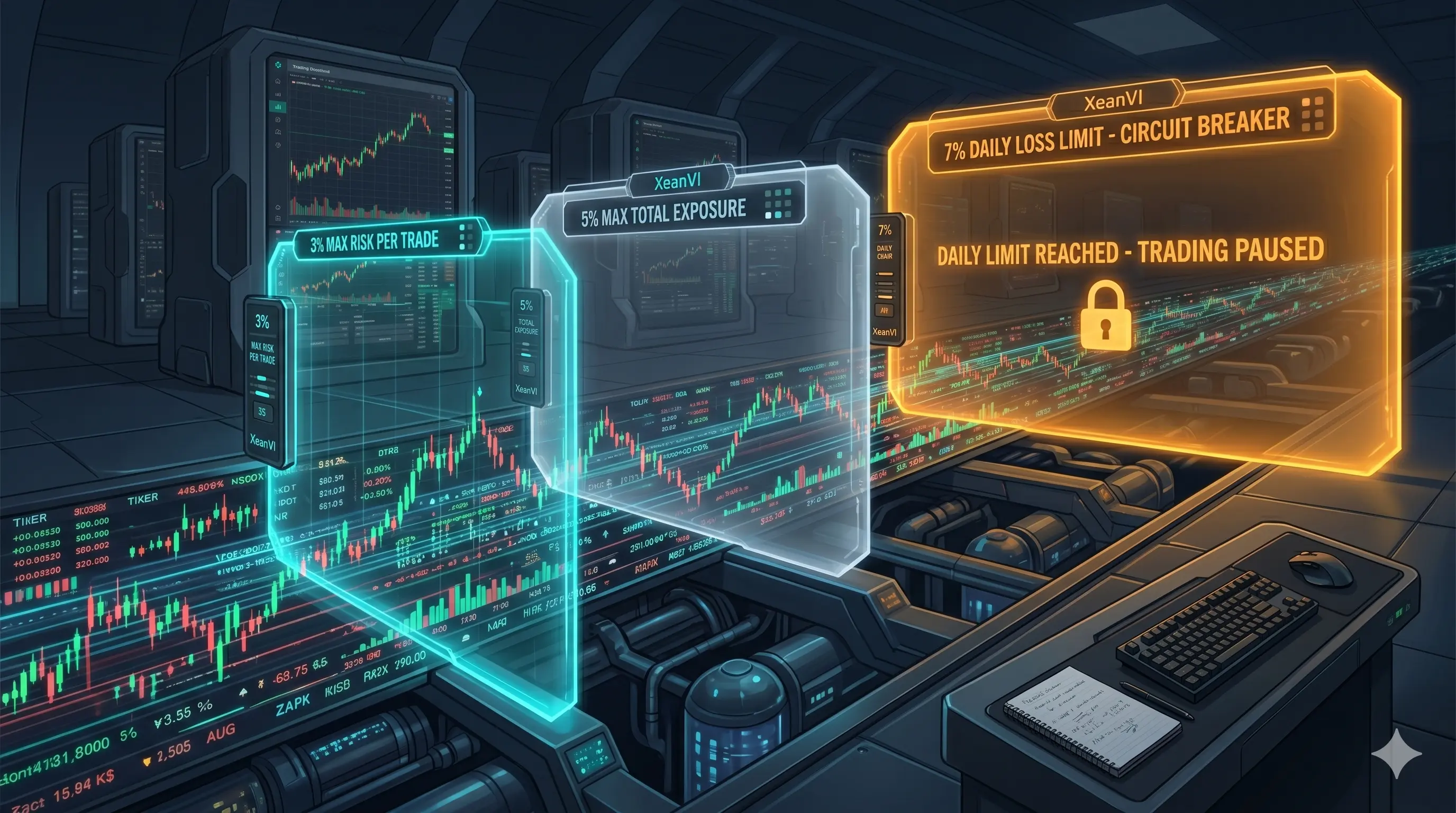Futuristic trading dashboard displaying 3-5-7 risk rules with 'Trading Paused' alert.