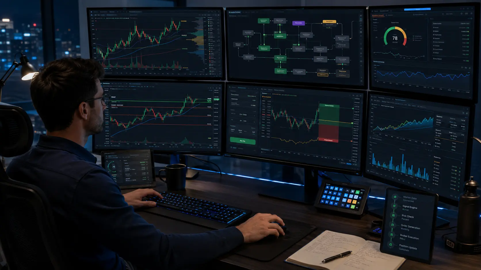 Human trader using AI-assisted trading software to follow rules, manage risk, and automate execution.