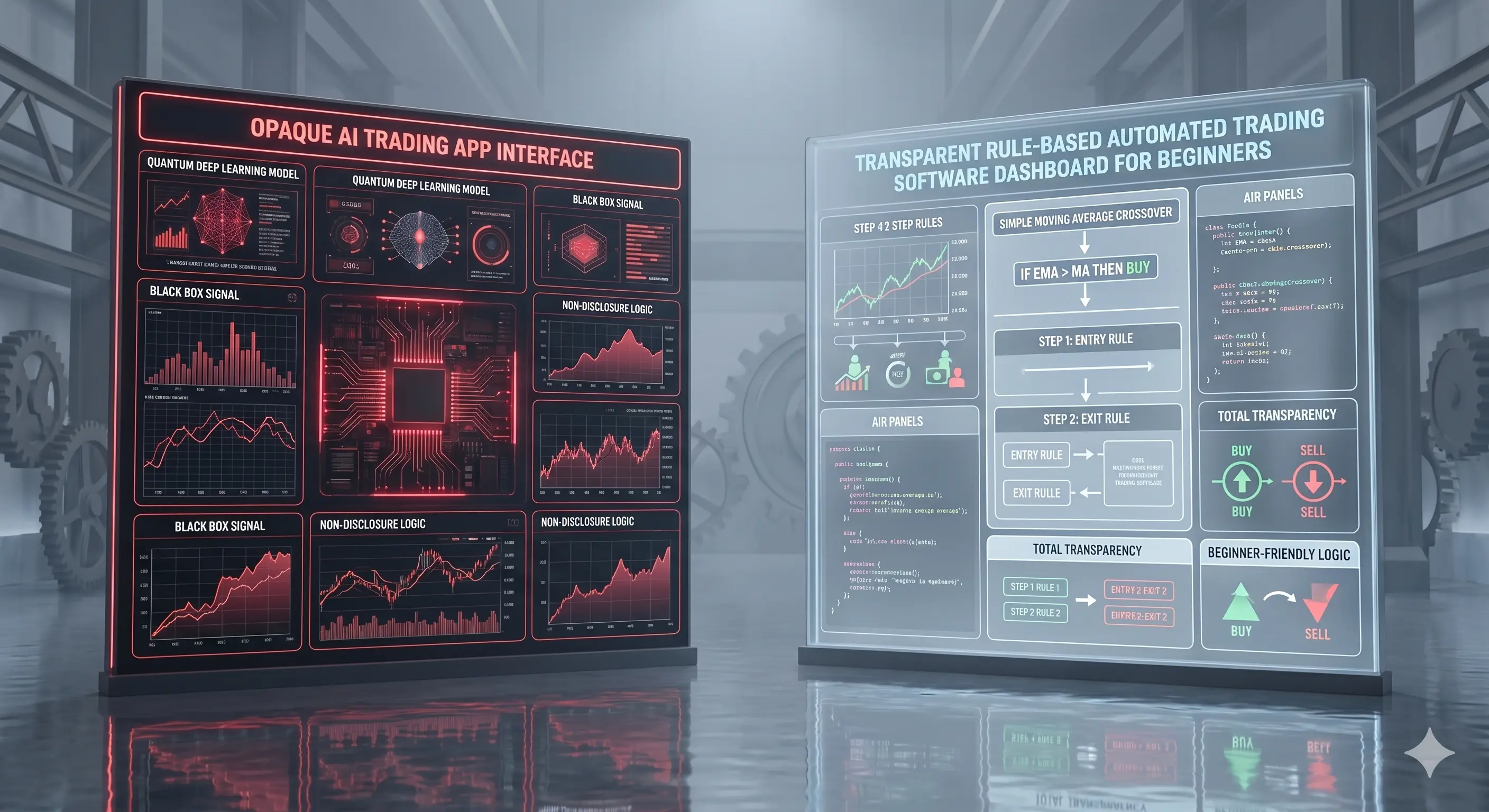 Comparison of opaque AI trading app interface versus transparent rule-based automated trading software dashboard for beginners