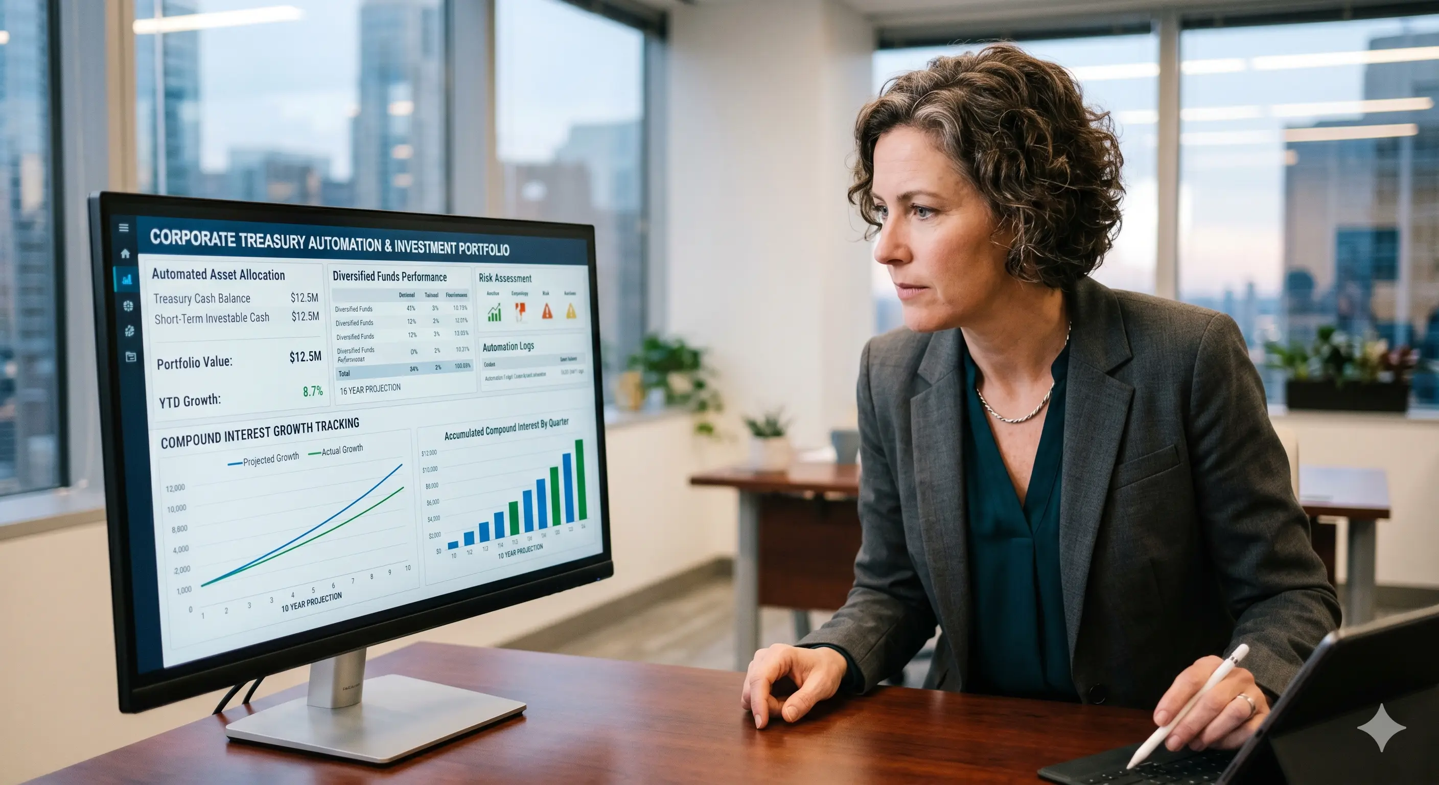 Business owner reviewing automated investment portfolio dashboard for corporate treasury automation and compound interest growth tracking