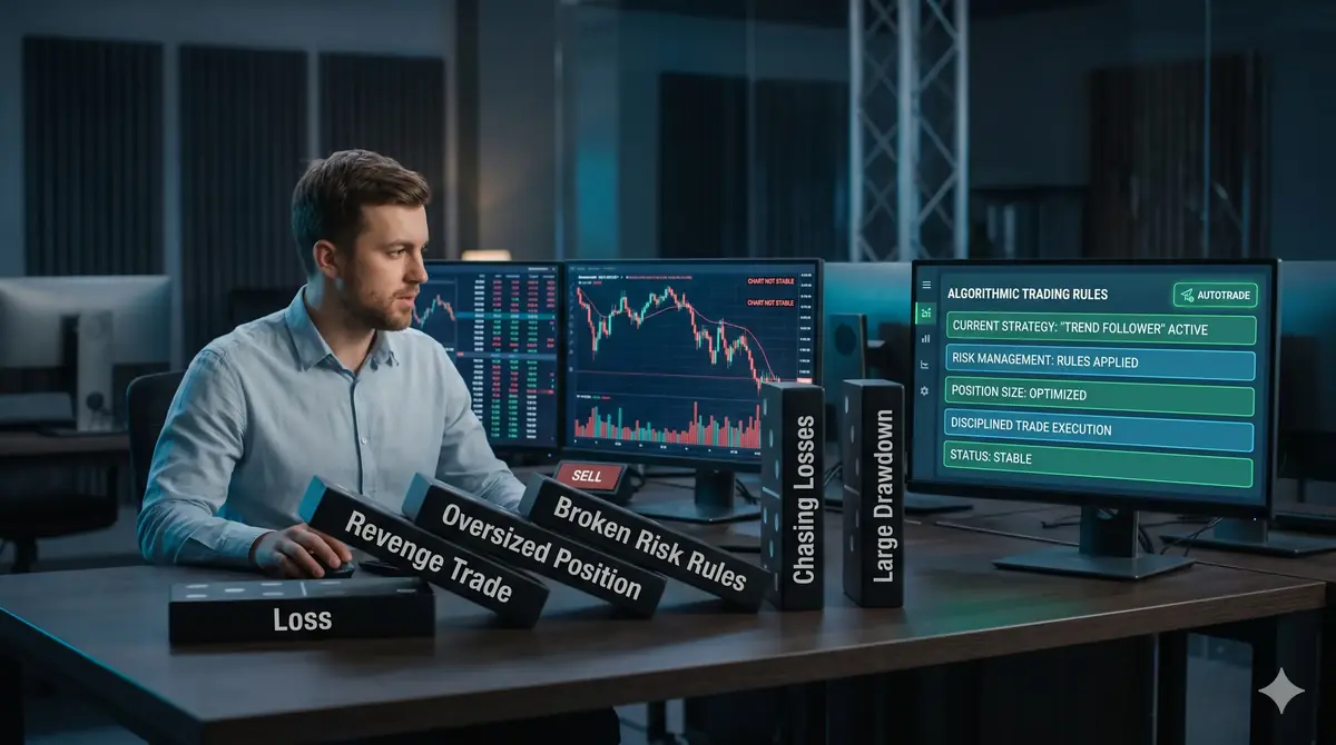 Chain reaction trading illustration showing how one losing trade can trigger revenge trading, oversized positions, broken risk rules, and larger losses.