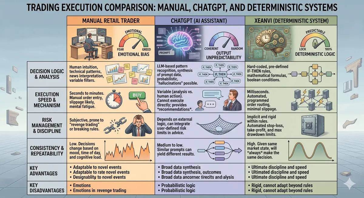 Comparison table showing execution differences between a manual retail trader, ChatGPT, and a deterministic rule-based trading system like XeanVI