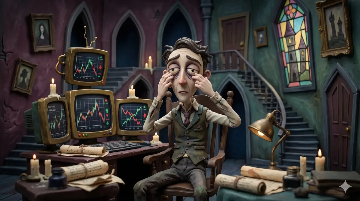 Tired day trader rubbing eyeballs in front of multiple charts showing screen fatigue in trading