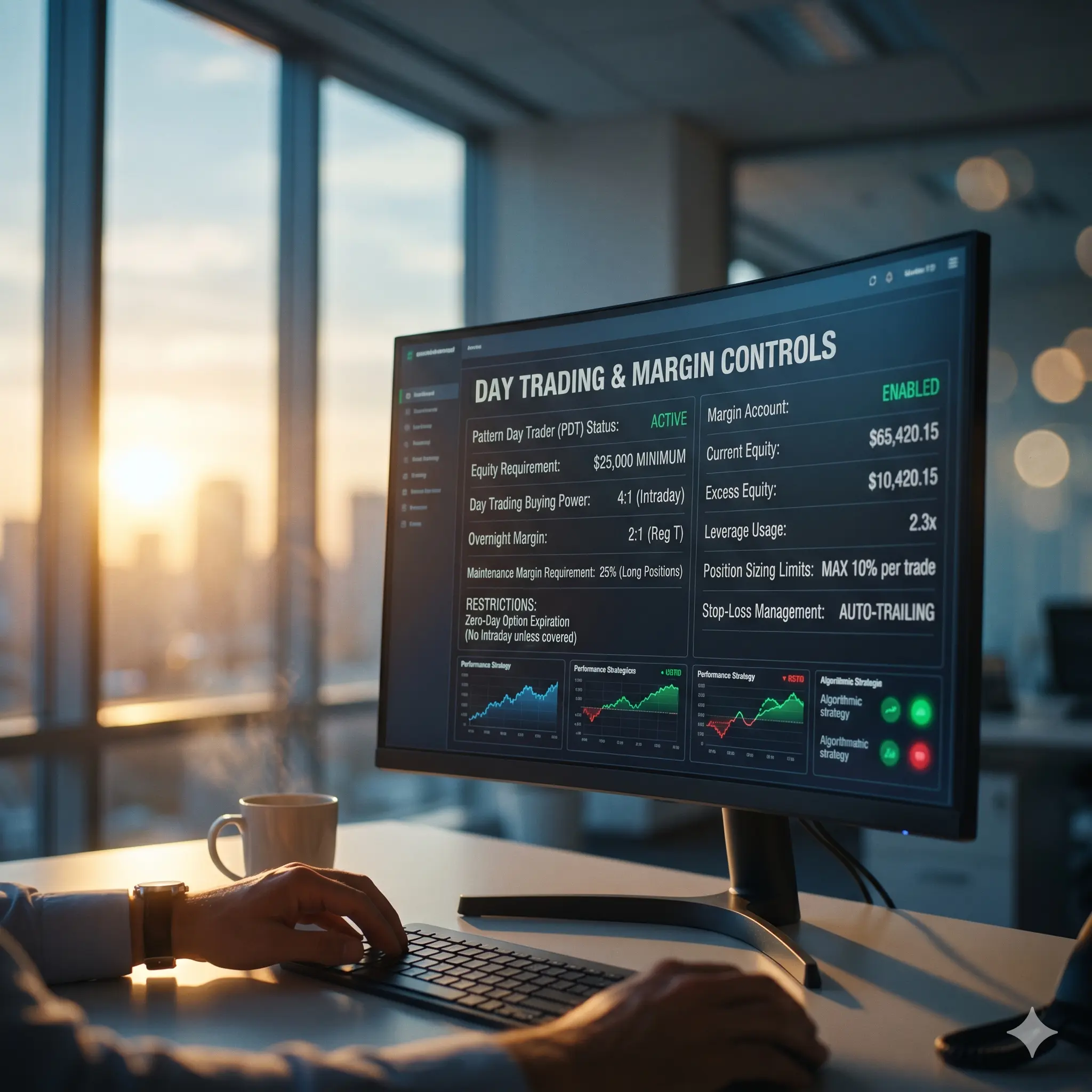 Day trading rules and margin account controls displayed on an automated trading dashboard