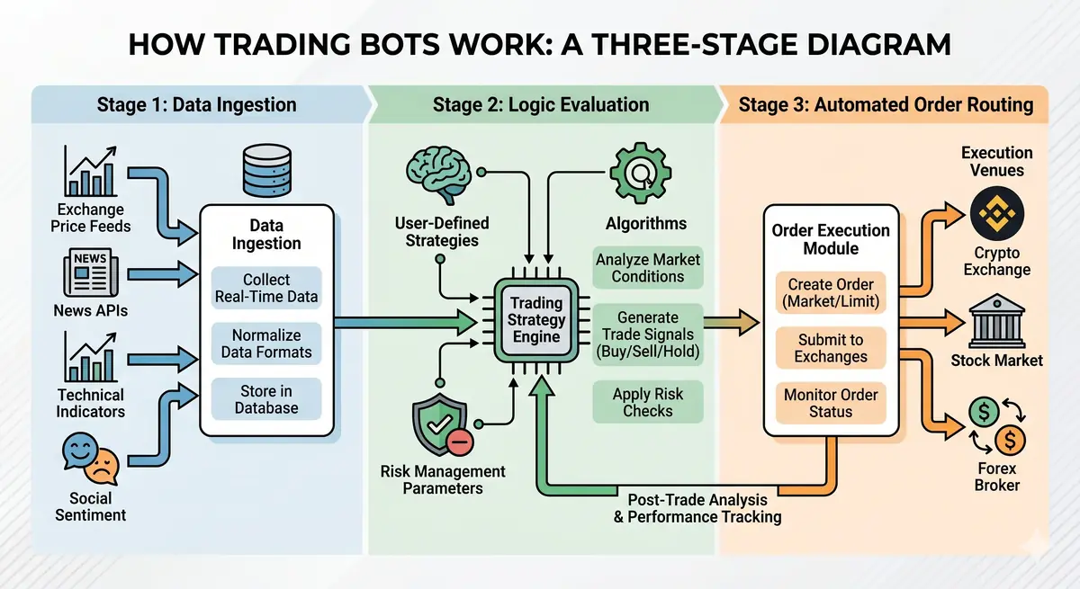 Diagram showing how trading bots work across three stages — data ingestion, logic evaluation, and automated order routing