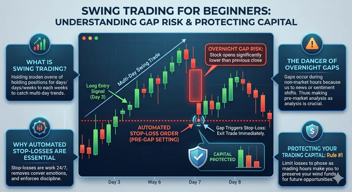 Swing trading for beginners chart showing overnight gap risk and automated stop-loss rules protecting trading capital
