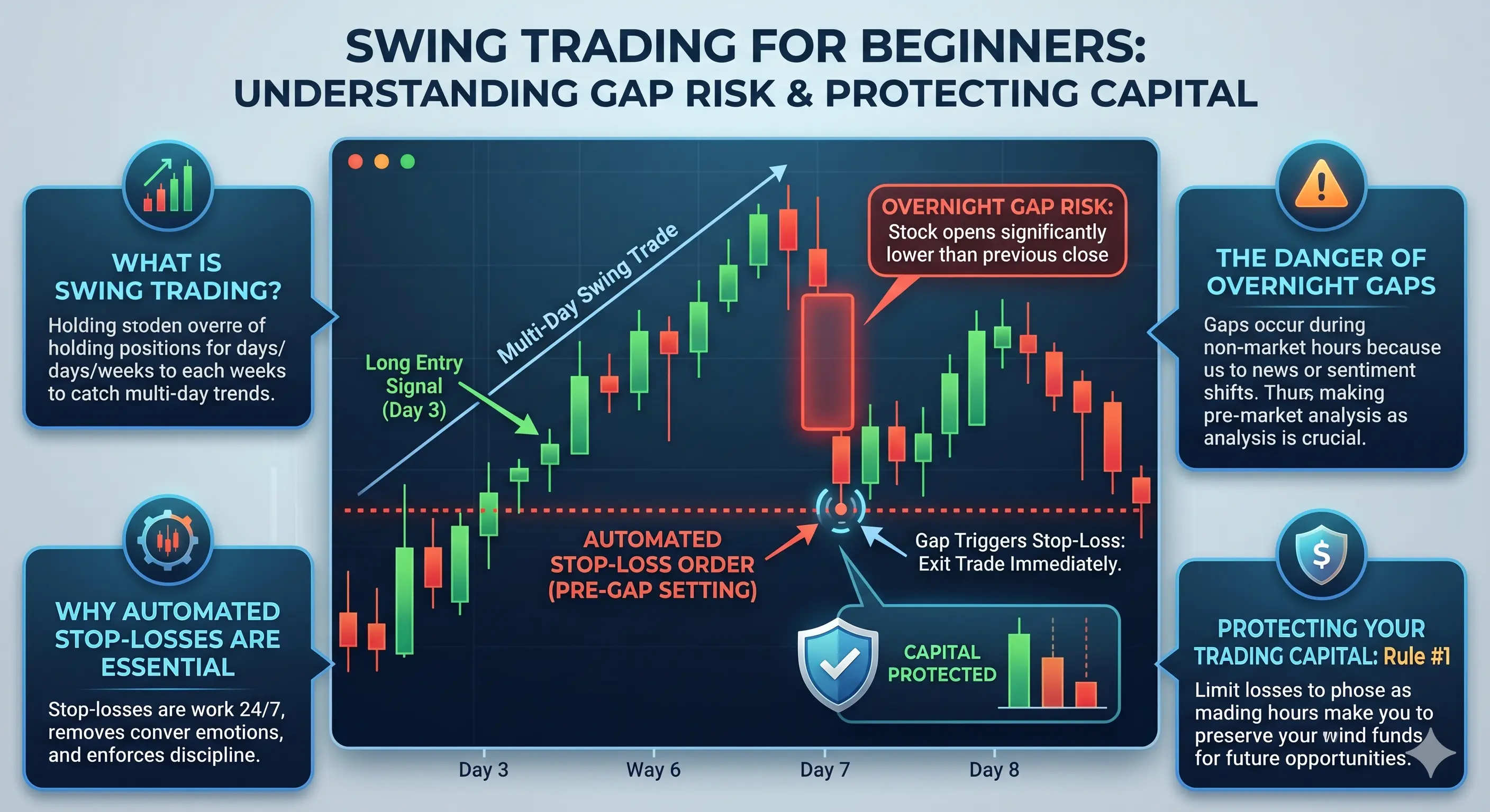 Swing trading for beginners chart showing overnight gap risk and automated stop-loss rules protecting trading capital