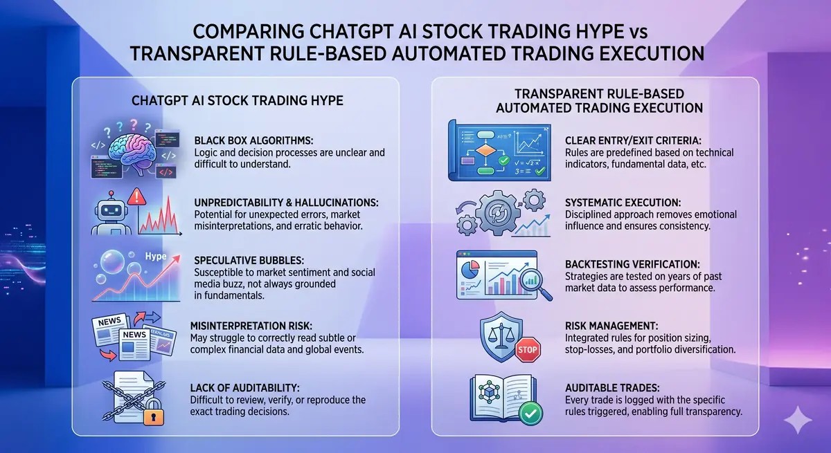 Infographic comparing ChatGPT AI stock trading hype with transparent rule-based automated trading execution