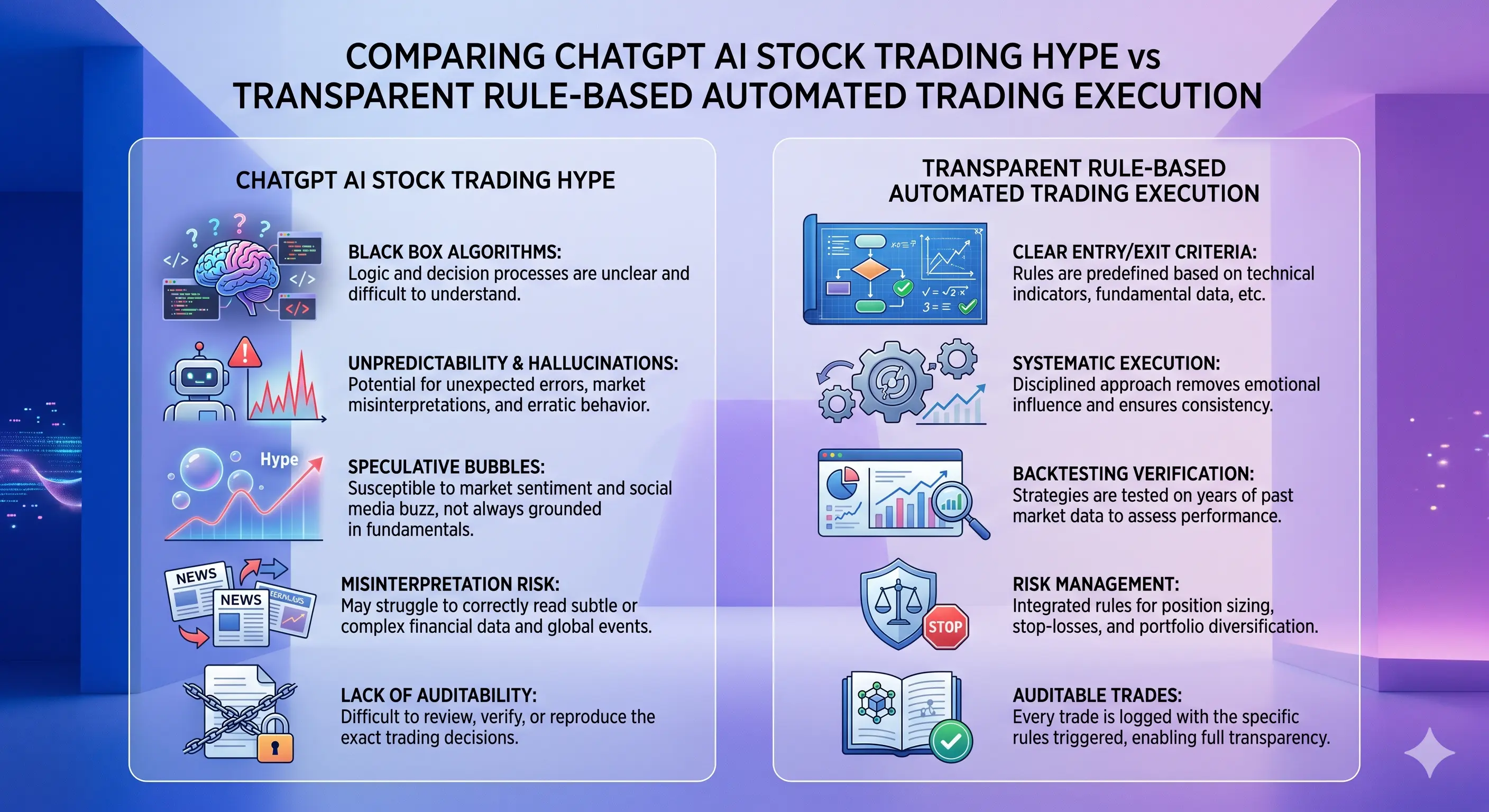 Infographic comparing ChatGPT AI stock trading hype with transparent rule-based automated trading execution