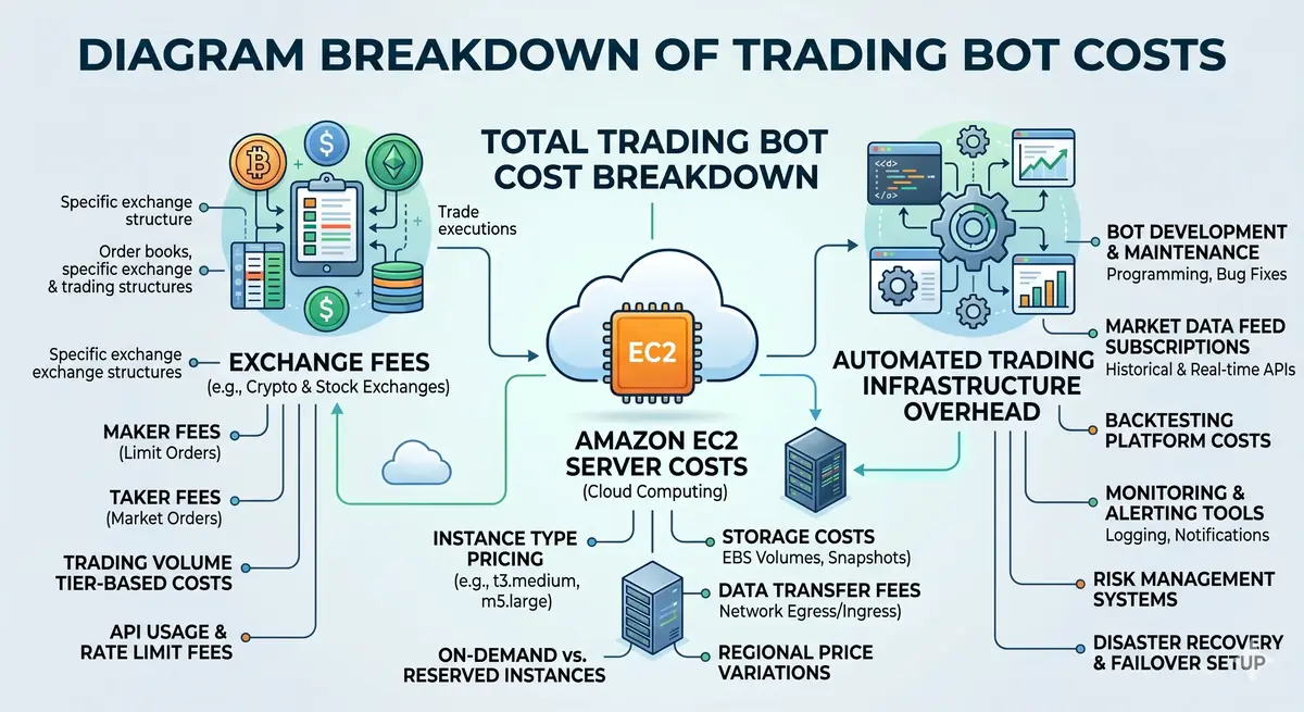 Diagram breaking down trading bot cost including exchange fees, Amazon EC2 server costs, and automated trading infrastructure overhead