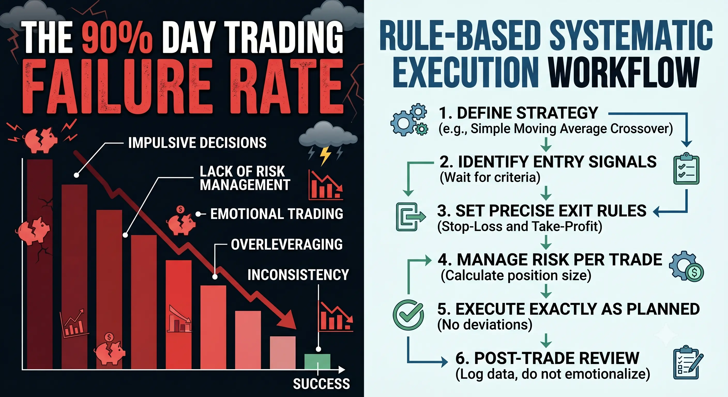Chart illustrating the 90% day trading failure rate alongside a rule-based systematic execution workflow