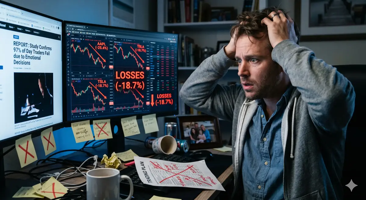 Frustrated day trader watching price losses on screen, illustrating the 97% day trader failure rate from emotional trading mistakes