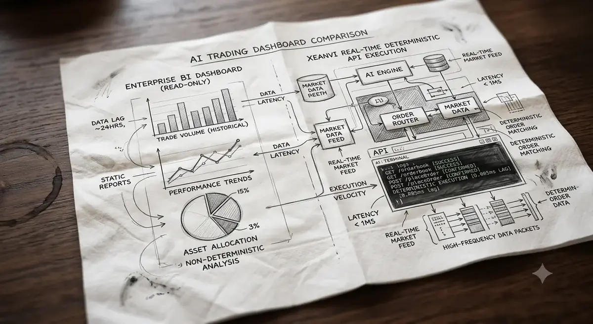AI trading dashboard comparison showing read-only Enterprise BI charts beside XeanVI's real-time deterministic API execution interface
