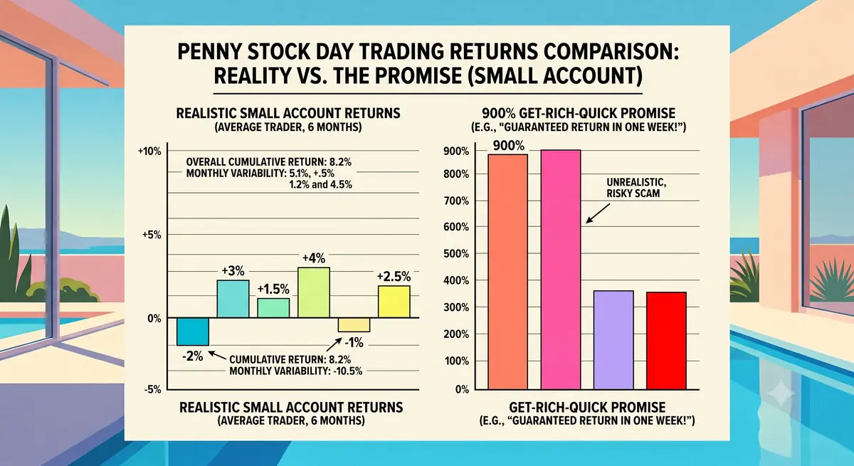 Chart comparing realistic penny stock day trading returns against 900% get-rich-quick promises for small account day trading