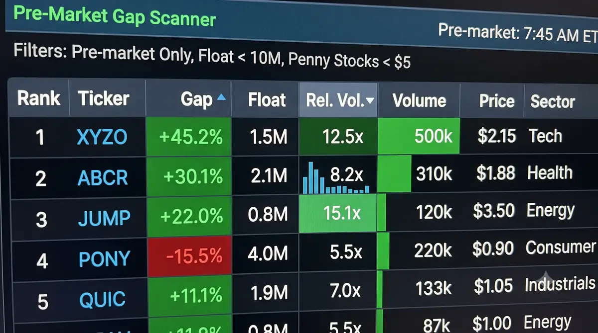 Pre-market gap scanner ranking low-float penny stocks by relative volume for day trading