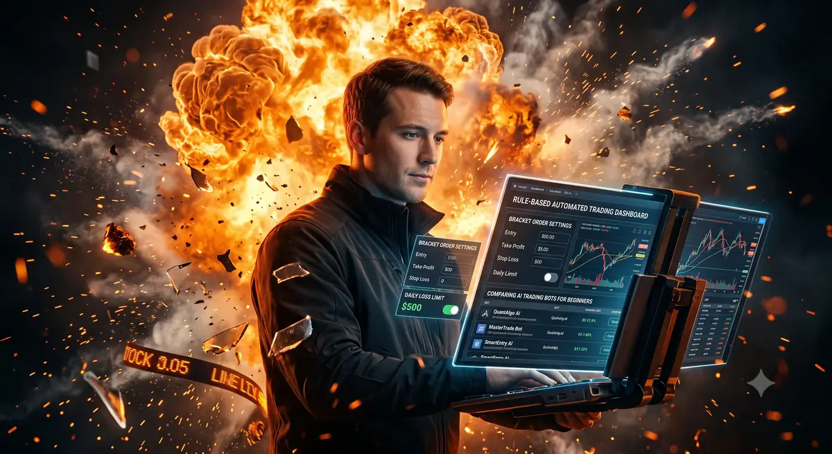 Trader reviewing rule-based automated trading dashboard while comparing the best AI trading bot for beginners, with bracket order and daily loss limit settings visible on screen
