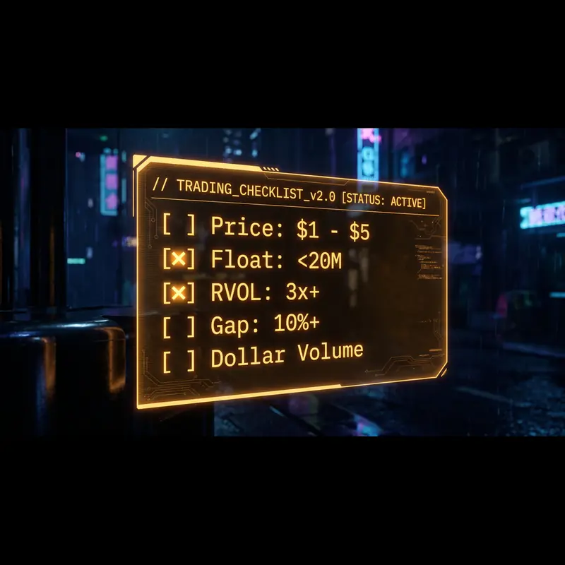 Penny stock scanner filter checklist showing five criteria: price range $1 to $5, float under 20 million shares, relative volume above 3x, gap over 10 percent, and dollar volume liquidity