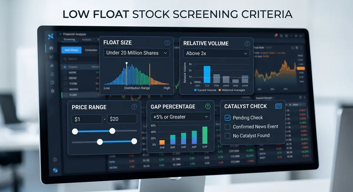 Low float stock screening criteria showing float under 20 million shares, relative volume above 3x, price range, gap percentage, and catalyst check