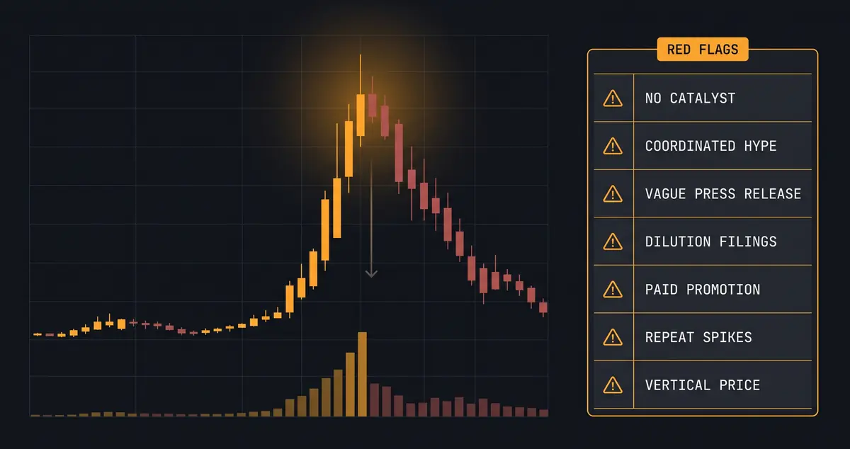 Pump and dump warning signs checklist showing no catalyst, coordinated hype, dilution filings, promotional press releases, and vertical price action red flags