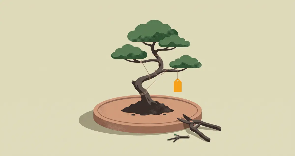 Day trading with 500 dollars shown as a small bonsai tree growing out of a single coin, carefully wired and pruned, representing a small trading account cultivated with discipline