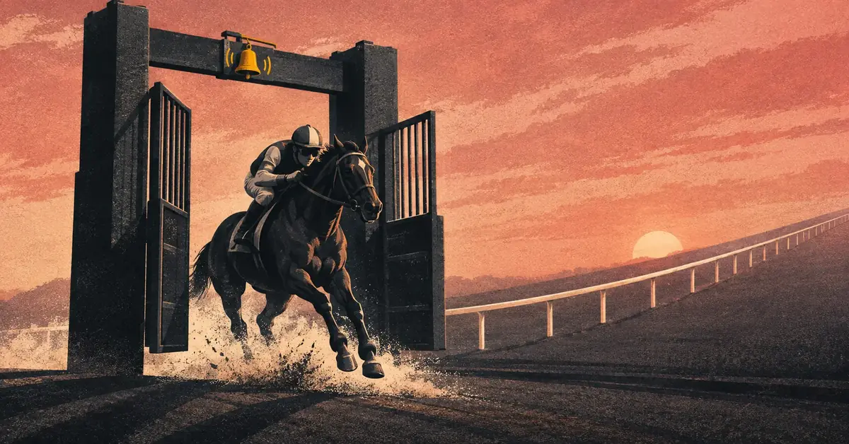Opening range breakout strategy shown as a starting gate springing open, with the gate posts forming the opening range and a runner bursting through on the break
