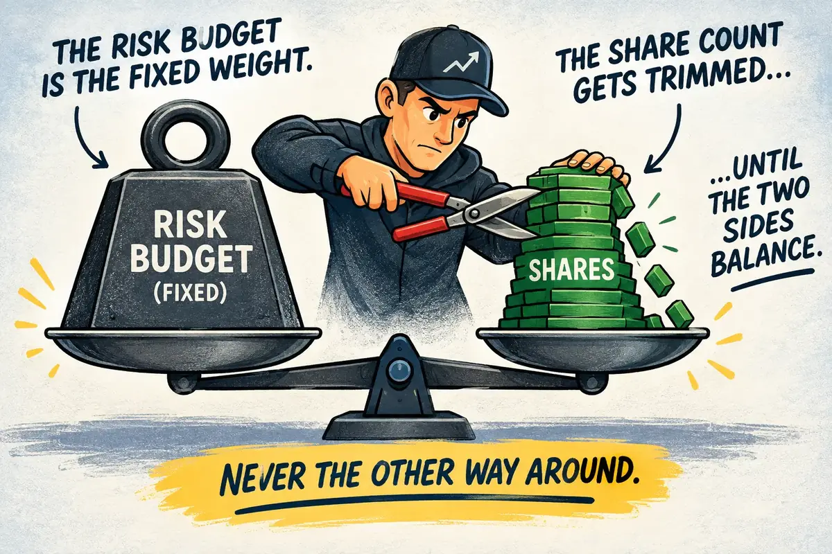 Position sizing for day trading shown as a balance scale weighing a stack of shares against a small fixed risk weight, with excess shares being trimmed away