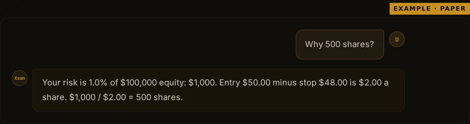 Xean chat with an example question, Why 500 shares, and Xean's answer working through the risk dollars, the stop distance and the share count.